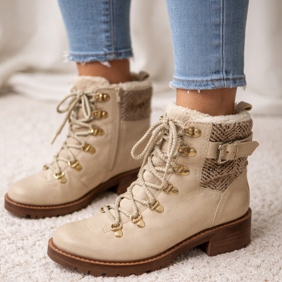 Sam Edelman Shoes - Sam Edelman Tenlee Leather Cream Lace-Up Winter Boots Size 7.5